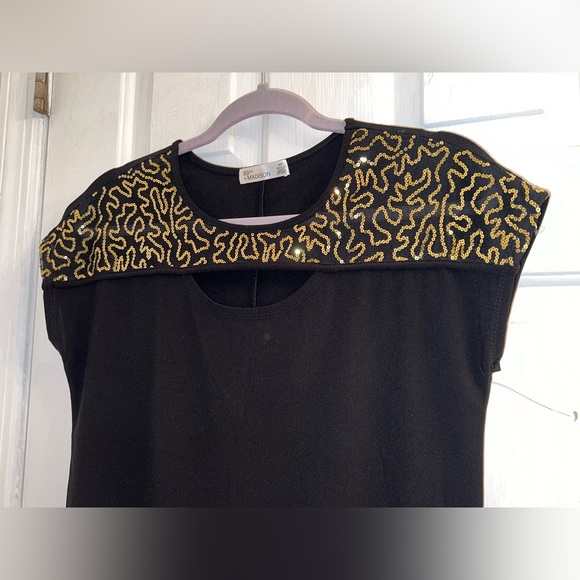 Size small black upper gold sequin mesh sleeve design shirt top - Picture 3 of 6